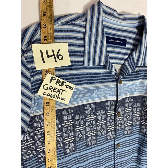 Tommy Bahama Silk Short Sleeve Button-Up Shirt Blue Stripe Geometric Size XL - Picture 5 of 8